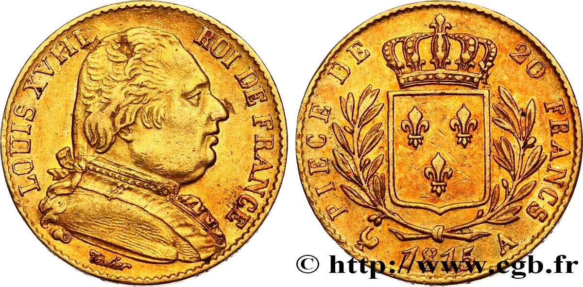 20 francs or Louis XVIII, buste habillé 1815 Paris F.517/10 SS45 