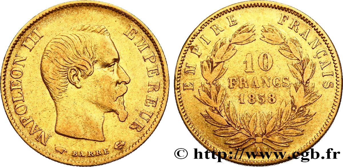 10 francs or Napoléon III, tête nue 1858 Paris F.506/5 TB30 