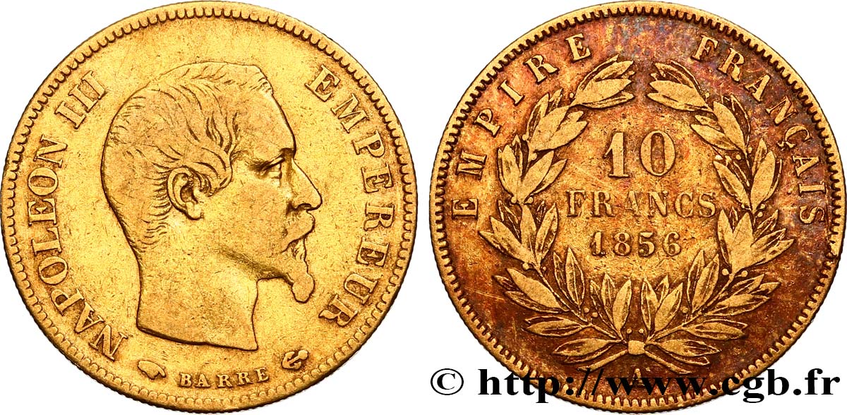 10 francs or Napoléon III, tête nue, grand module 1856 Paris F.506/3 TB25 