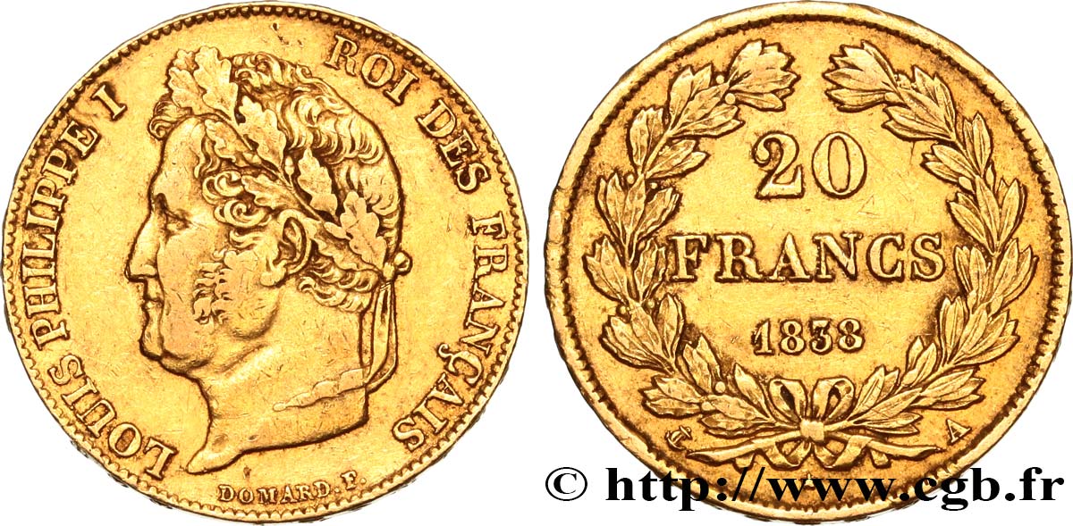 20 francs or Louis-Philippe, Domard 1838 Paris F.527/18 SS40 