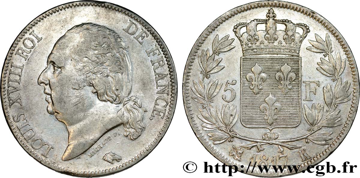 5 francs Louis XVIII, tête nue 1817 Bordeaux F.309/21 MBC45 