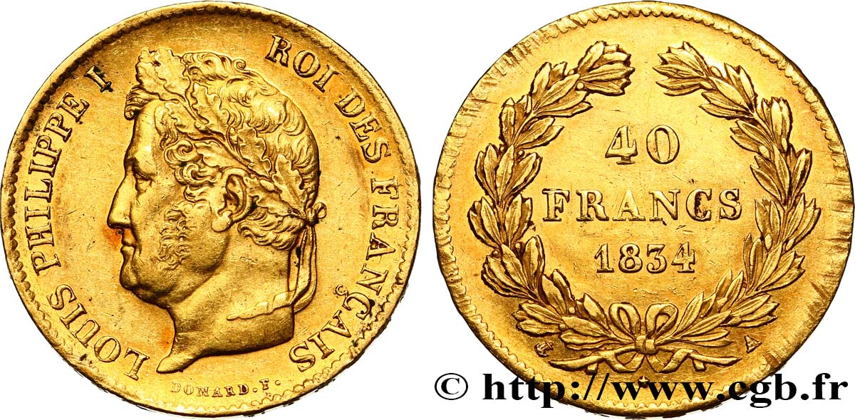 40 francs or Louis-Philippe 1834 Paris F.546/6 SS50 