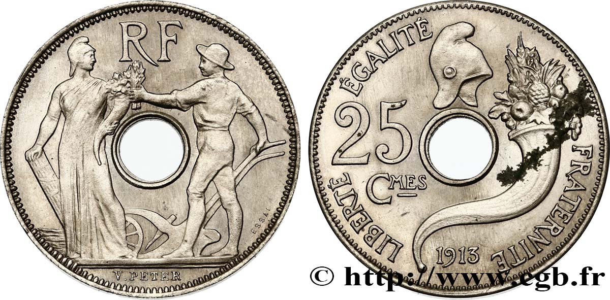 Essai de 25 centimes par Peter, grand module 1913 Paris GEM.72 2 SPL 