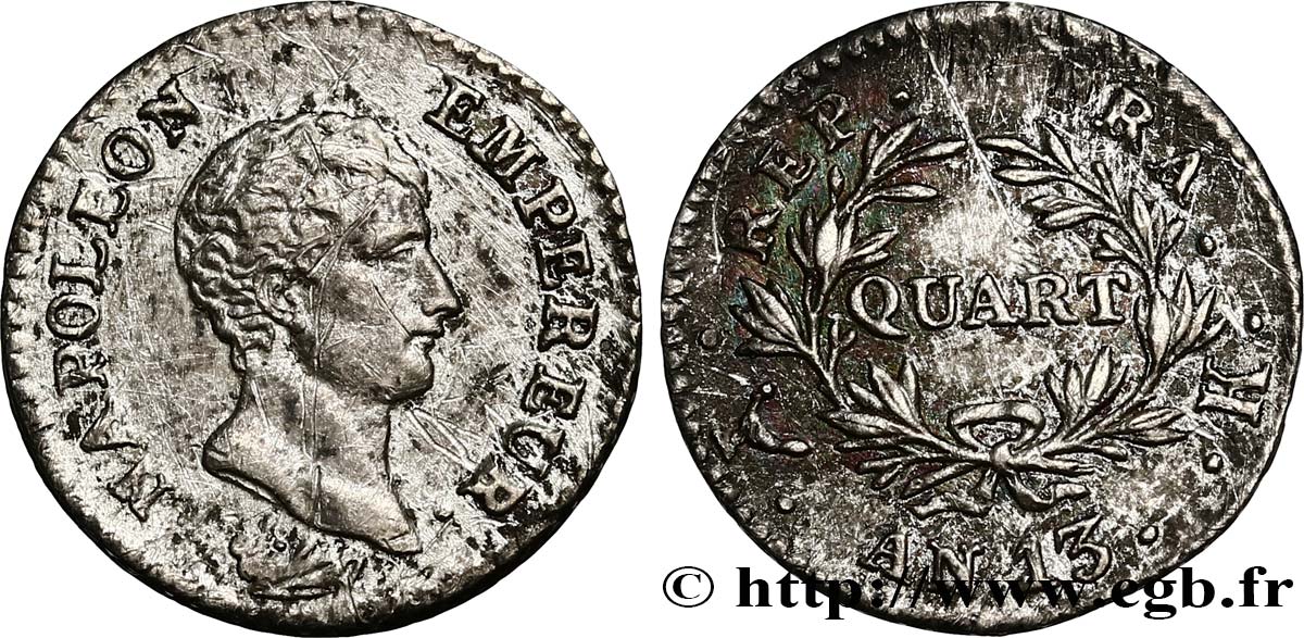 Quart (de franc) Napoléon Empereur, Calendrier révolutionnaire 1805 Bordeaux F.158/12 BC+ 