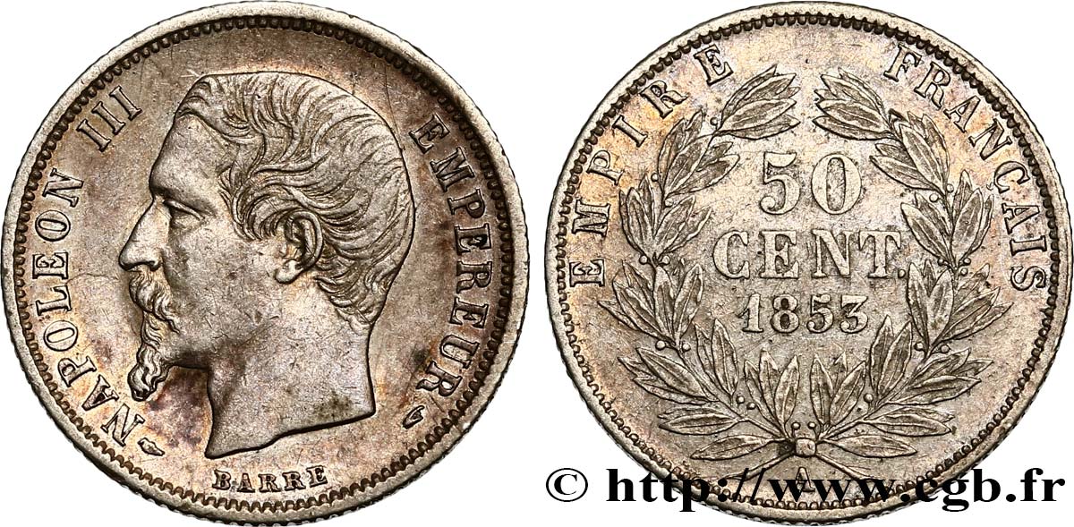 50 centimes Napoléon III, tête nue 1853 Paris F.187/1 XF 