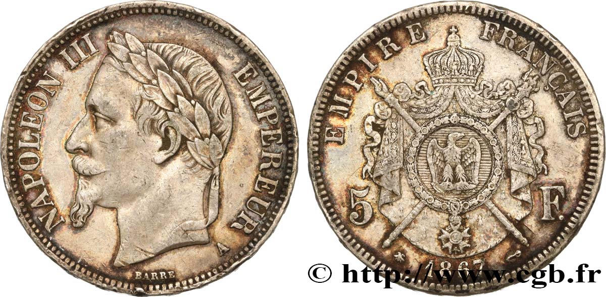 5 francs Napoléon III, tête laurée 1867 Paris F.331/10 SS45 