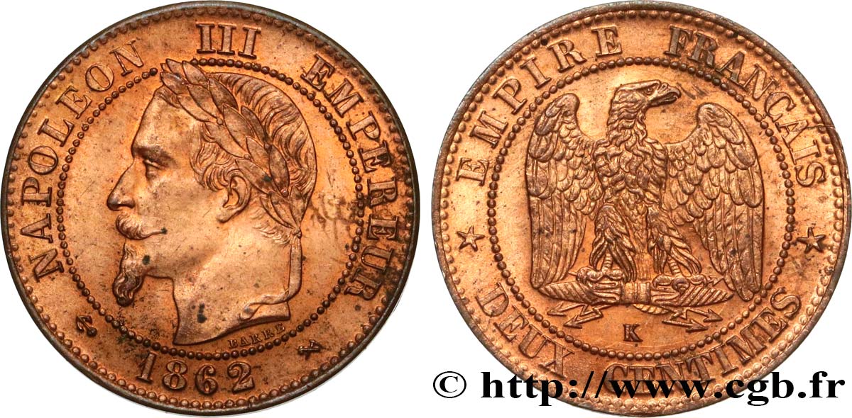 Deux centimes Napoléon III, tête laurée, buste définitif 1862 Bordeaux F.108A/7 SUP62 