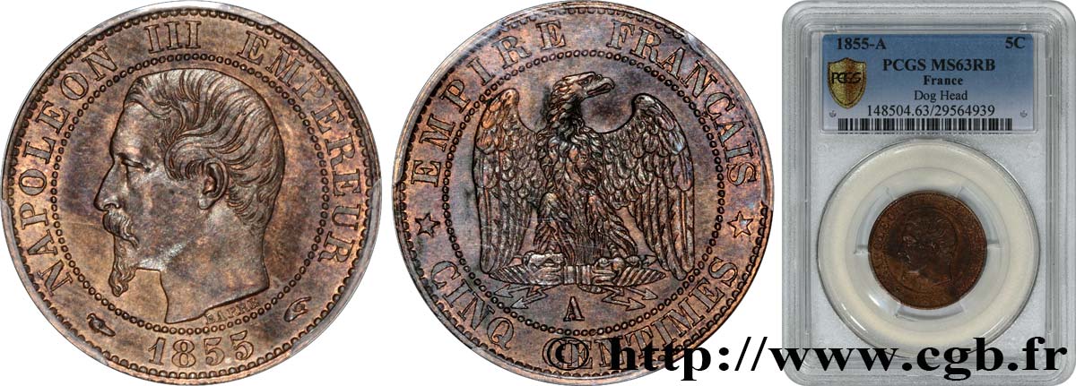 Cinq centimes Napoléon III, tête nue 1855 Paris F.116/16 SC63 PCGS