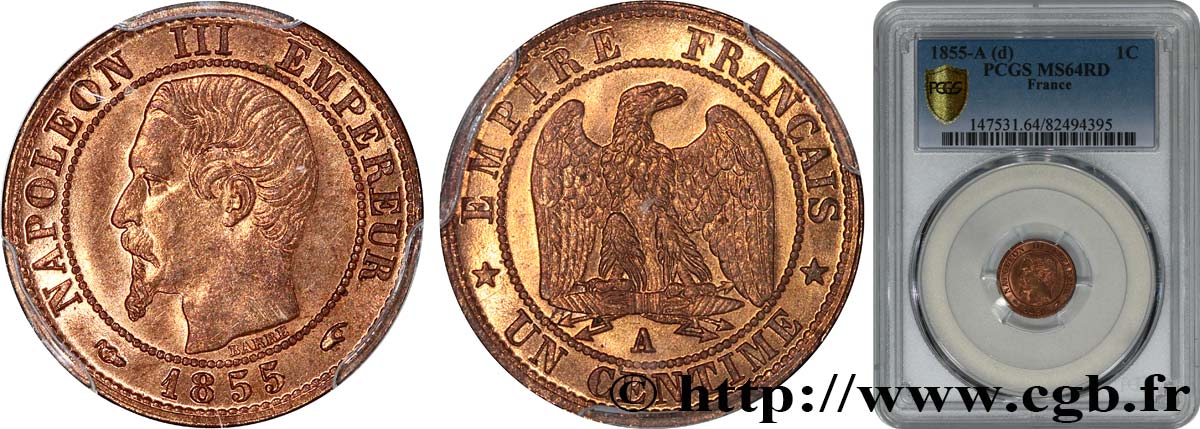Un centime Napoléon III, tête nue, différent levrette 1855 Paris F.102/15 SC64 PCGS