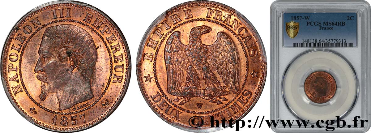 Deux centimes Napoléon III, tête nue 1857 Lille F.107/51 fST64 PCGS