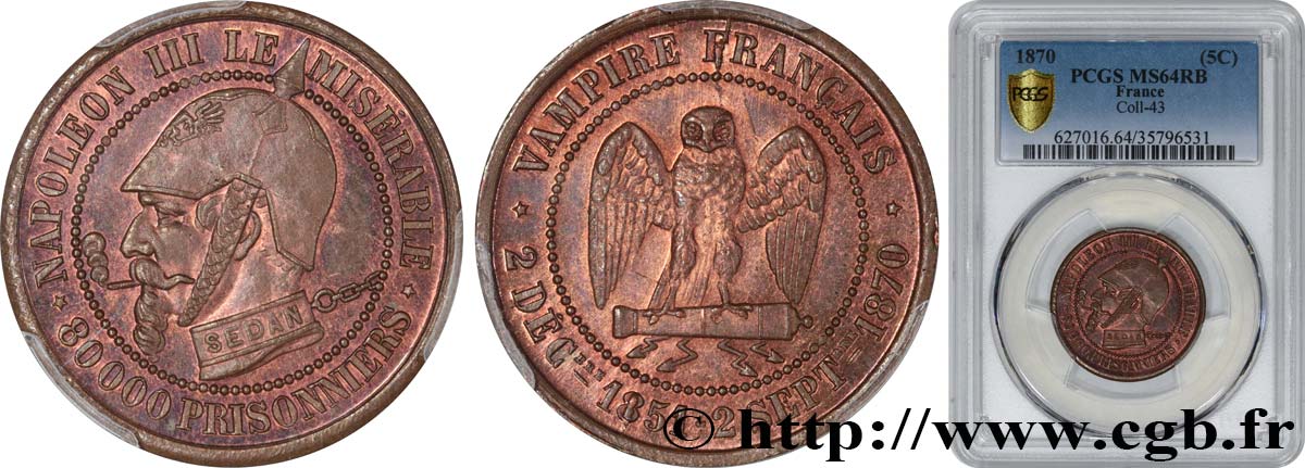 Monnaie satirique Br 27, module de Cinq centimes 1870 s.l. Coll.43  MS64 PCGS
