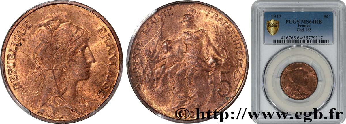 5 centimes Daniel-Dupuis 1912  F.119/24 SPL64 PCGS