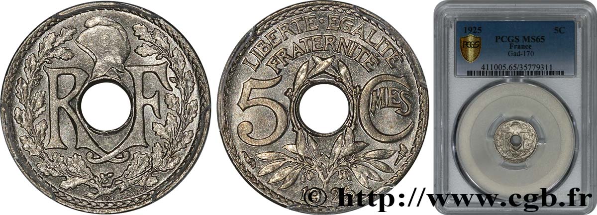 5 centimes Lindauer, petit module 1925 Paris F.122/10 MS65 PCGS