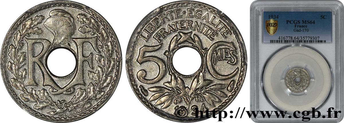 5 centimes Lindauer, petit module 1934 Paris F.122/17 MS64 PCGS