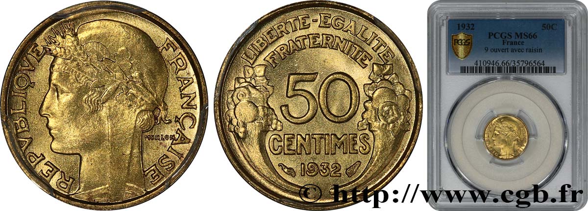 50 centimes Morlon, avec raisin, 9 et 2 ouverts 1932  F.192/7 MS66 PCGS