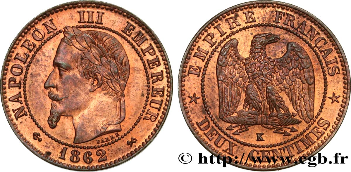 Deux centimes Napoléon III, tête laurée, buste définitif 1862 Bordeaux F.108A/7 VZ60 