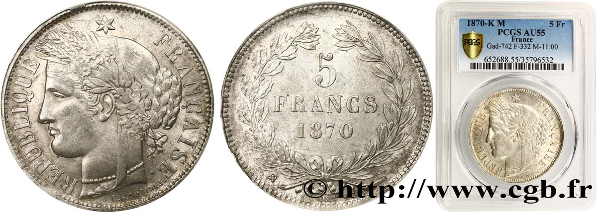 5 francs Cérès, sans légende 1870 Bordeaux F.332/4 EBC55 PCGS