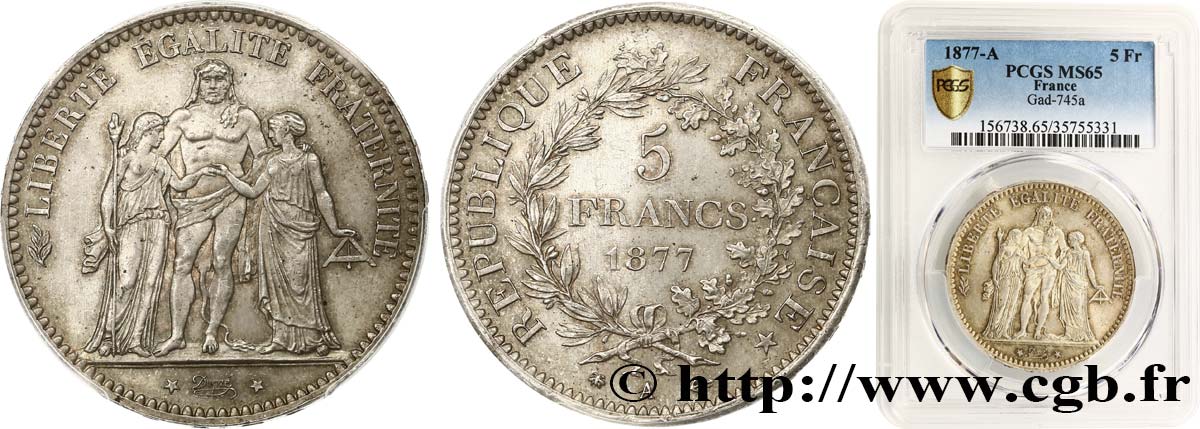 5 francs Hercule 1877 Paris F.334/19 ST65 PCGS