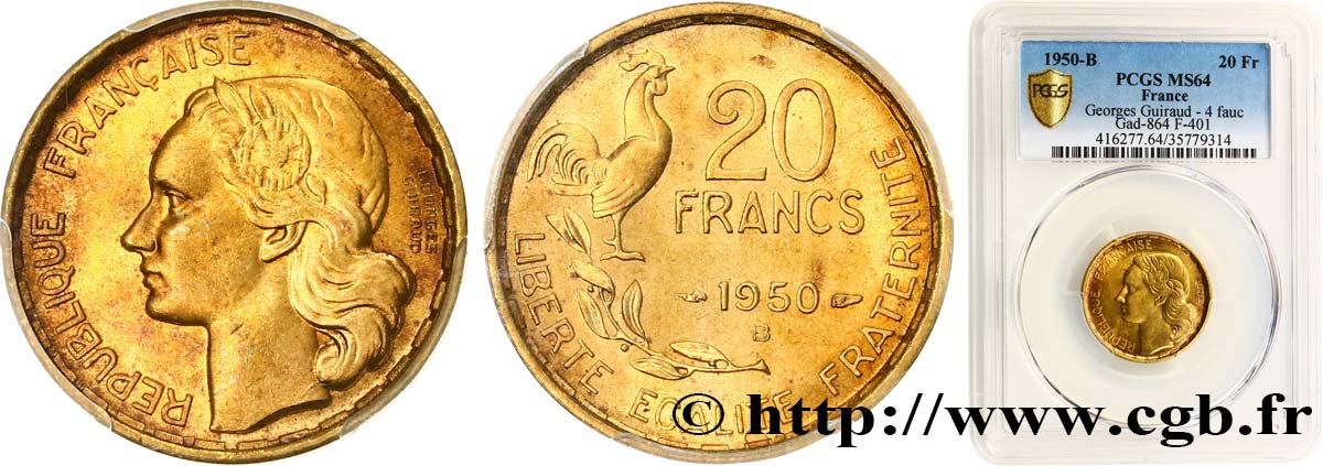 20 francs Georges Guiraud, 4 faucilles 1950 Beaumont-Le-Roger F.401/3 SPL64 PCGS