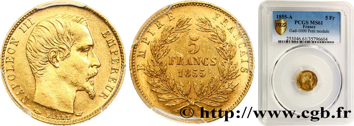 5 francs or Napoléon III, tête nue, petit module, tranche cannelée 1855 Paris F.500A/2 SUP61 PCGS