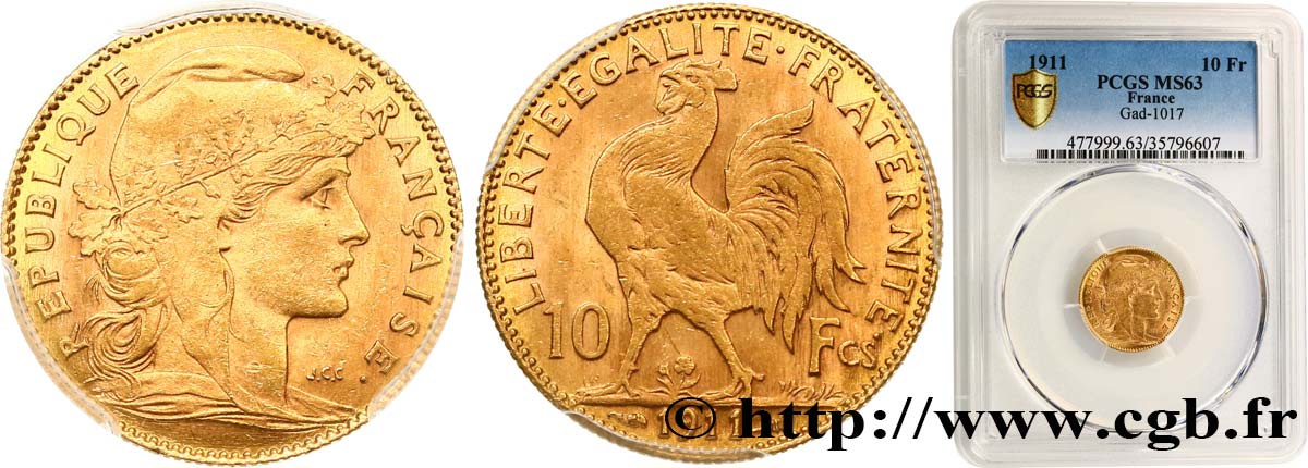 10 francs or Coq 1911 Paris F.509/12 SPL63 PCGS