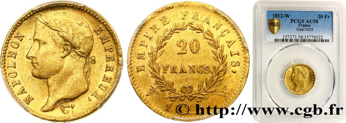 20 francs or Napoléon tête laurée, Empire français 1812 Lille F.516/29 EBC58 PCGS