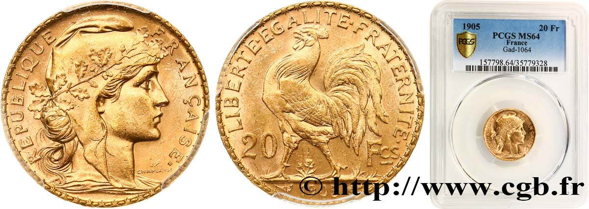 20 francs or Coq, Dieu protège la France 1905 Paris F.534/10 SC64 PCGS