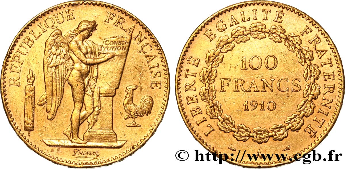 100 francs or Génie, tranche inscrite en relief Liberté Égalité Fraternité 1910 Paris F.553/4 BC+ 