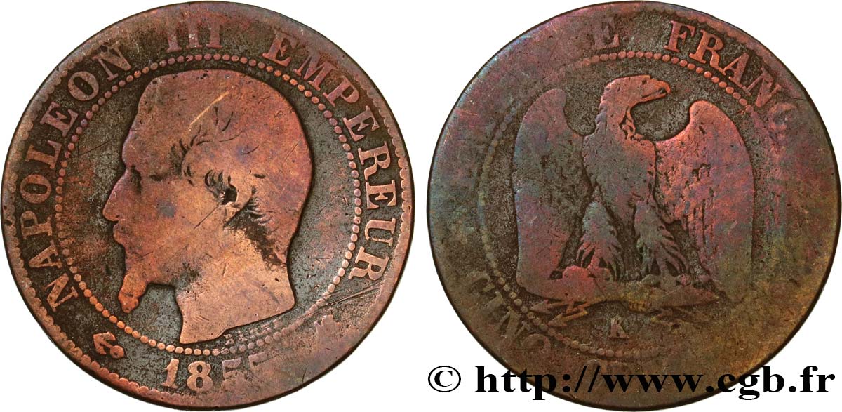 Cinq centimes Napoléon III, tête nue 1855 Bordeaux F.116/25 VG10 