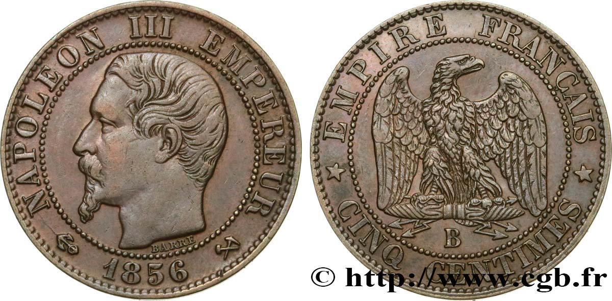 Cinq centimes Napoléon III, tête nue 1856 Rouen F.116/31 TTB52 