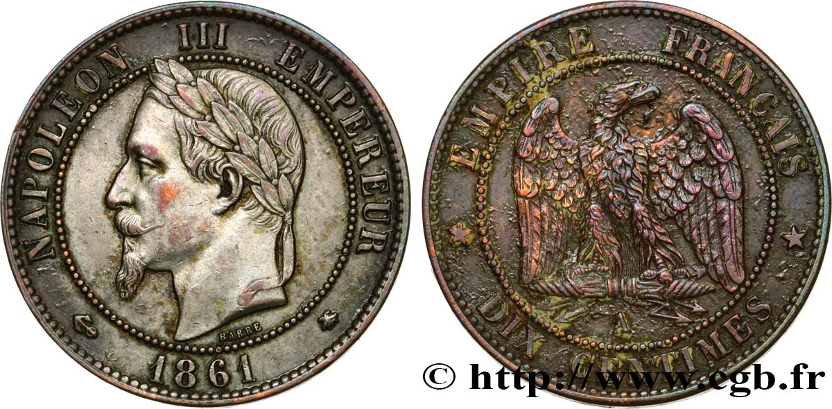 Dix centimes Napoléon III, tête laurée 1861 Paris F.134/4 XF 