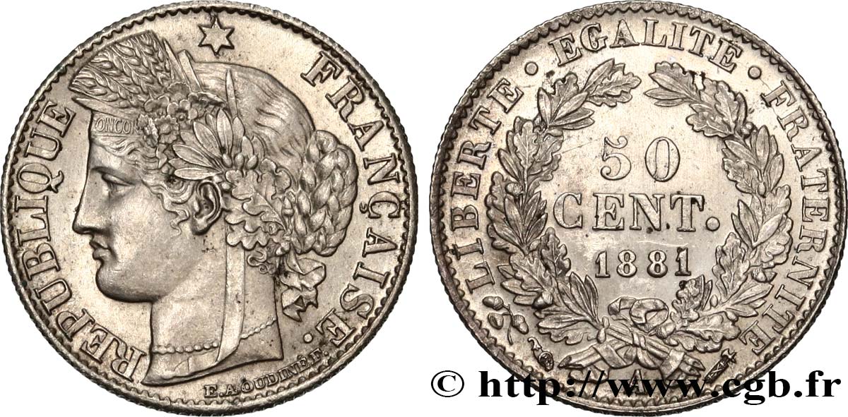 50 centimes Cérès, Troisième République 1881 Paris F.189/9 SUP61 