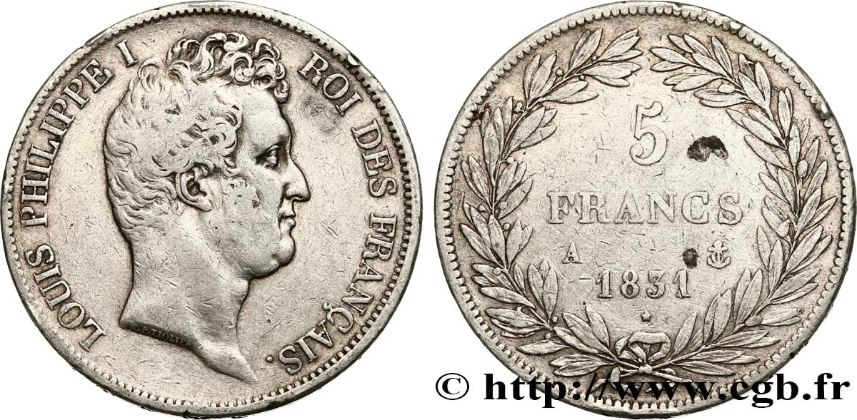 5 francs type Tiolier avec le I, tranche en creux 1831 Paris F.315/14 S 
