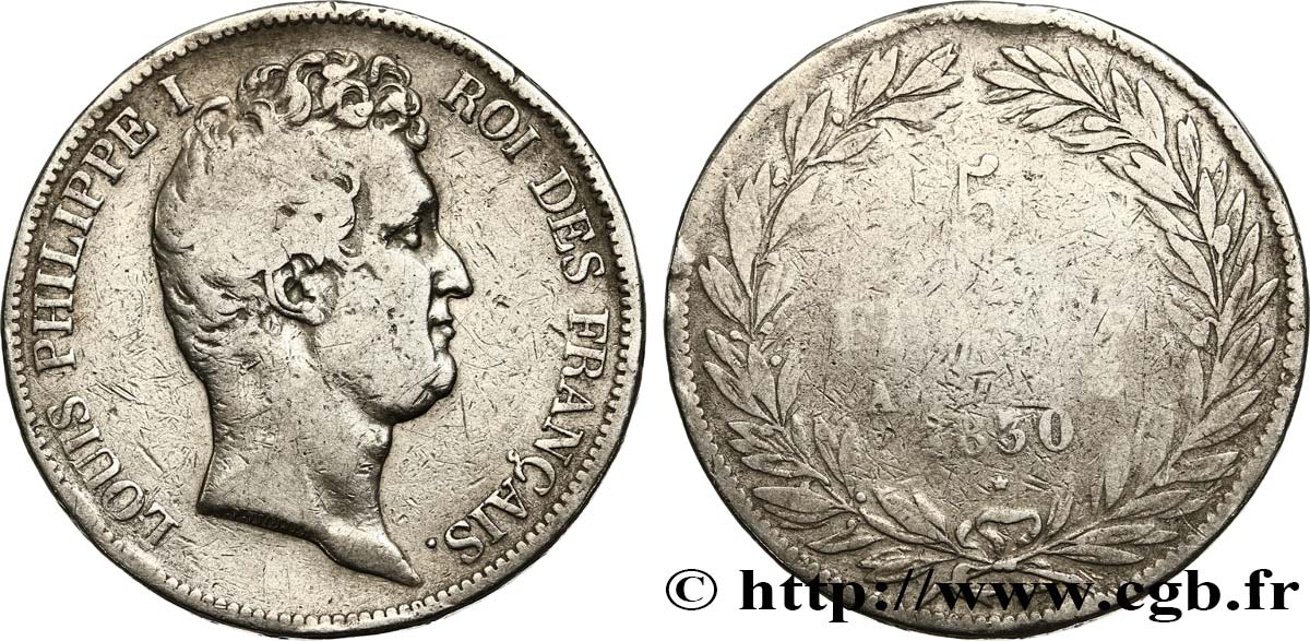 5 francs type Tiolier avec le I, tranche en relief 1830 Paris F.316/1 B10 