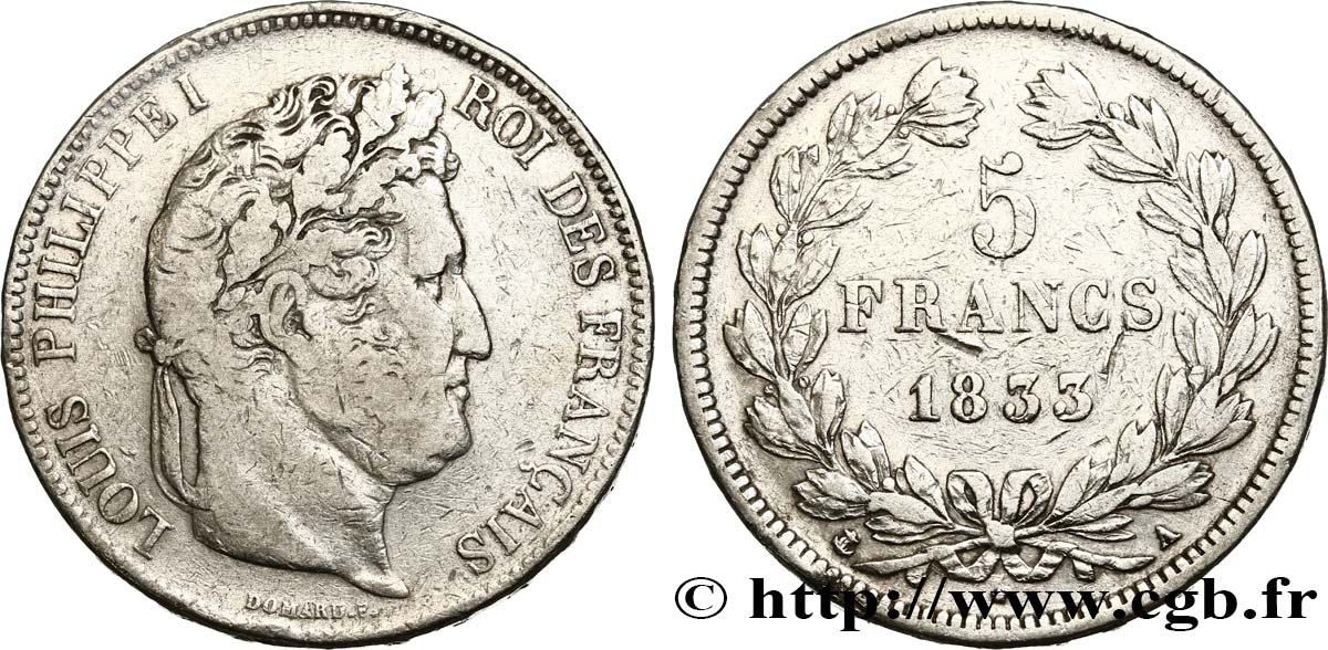 5 francs IIe type Domard 1833 Paris F.324/14 VF20 