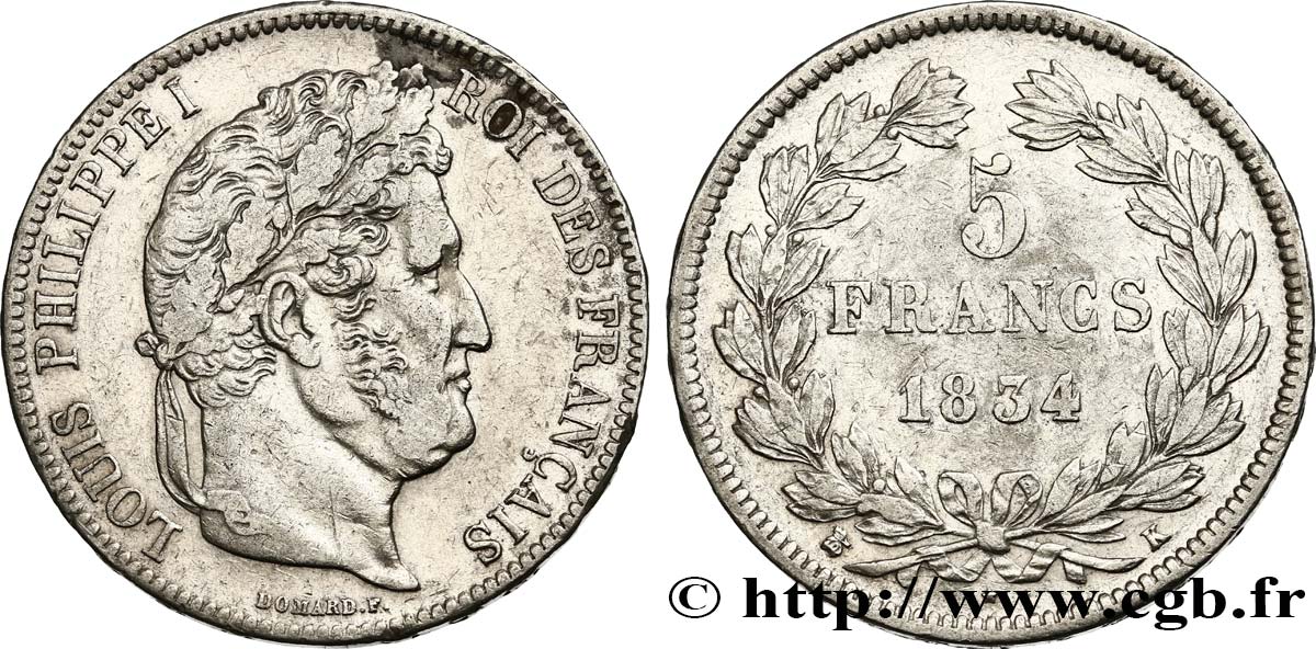 5 francs IIe type Domard 1834 Bordeaux F.324/35 VF 