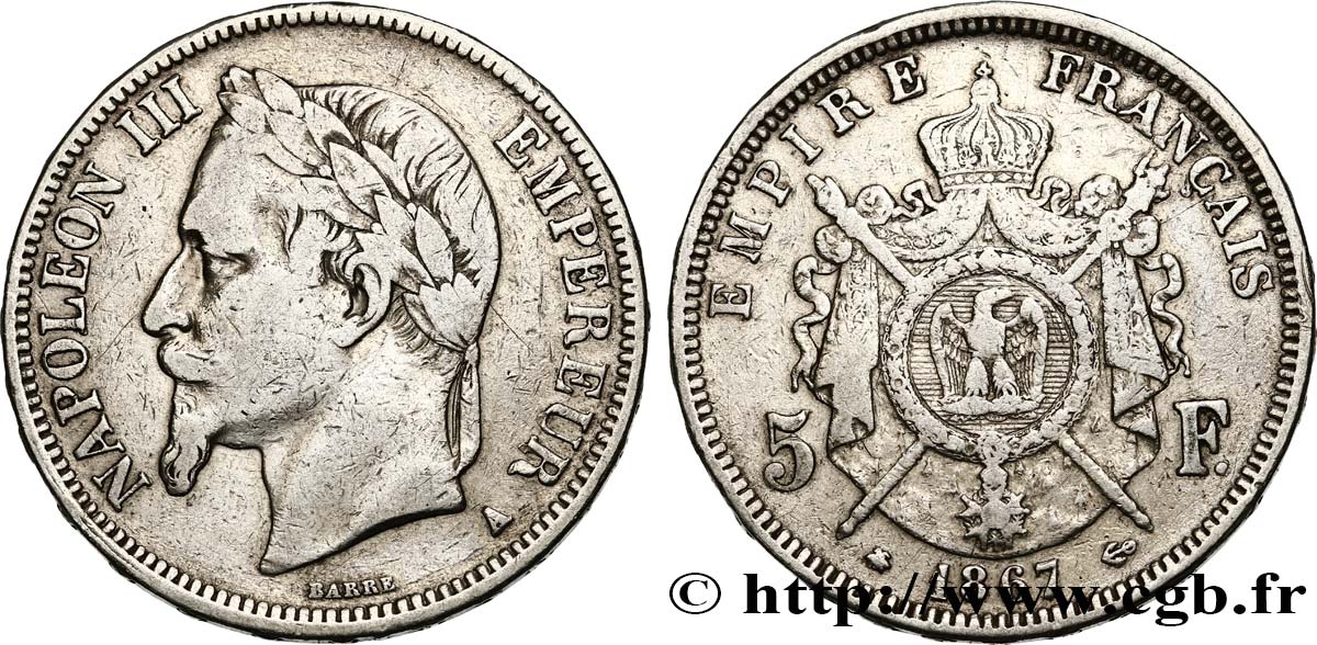 5 francs Napoléon III, tête laurée 1867 Paris F.331/10 BC25 