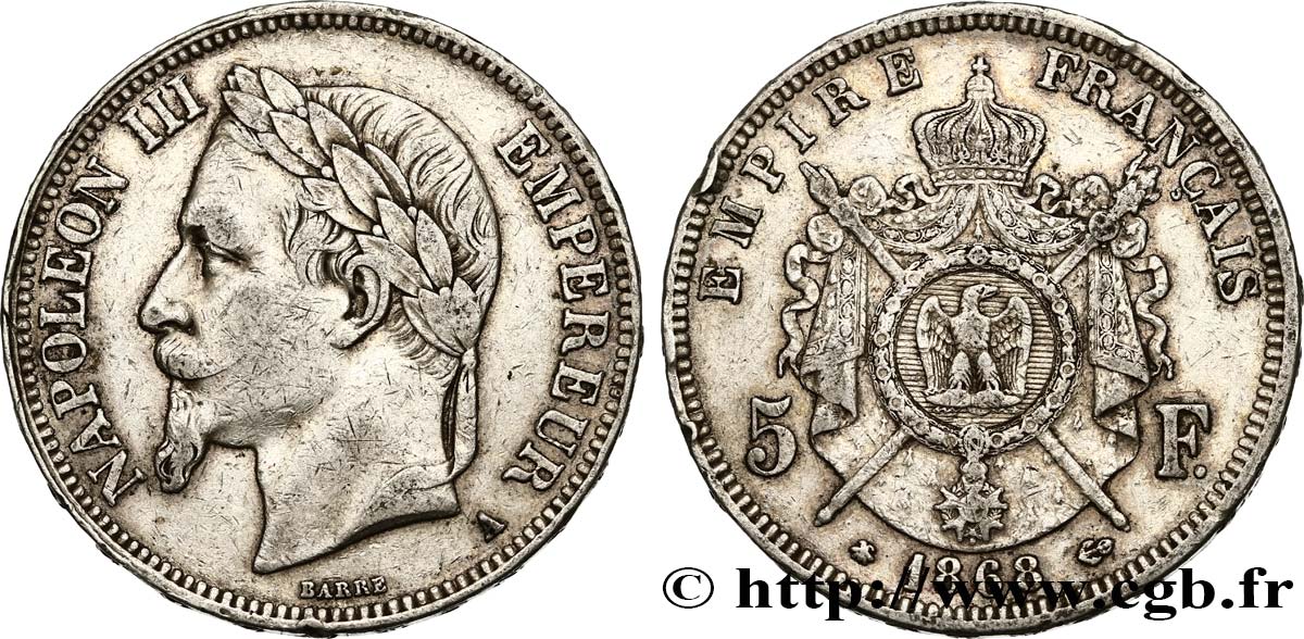 5 francs Napoléon III, tête laurée 1868 Paris F.331/12 BC35 