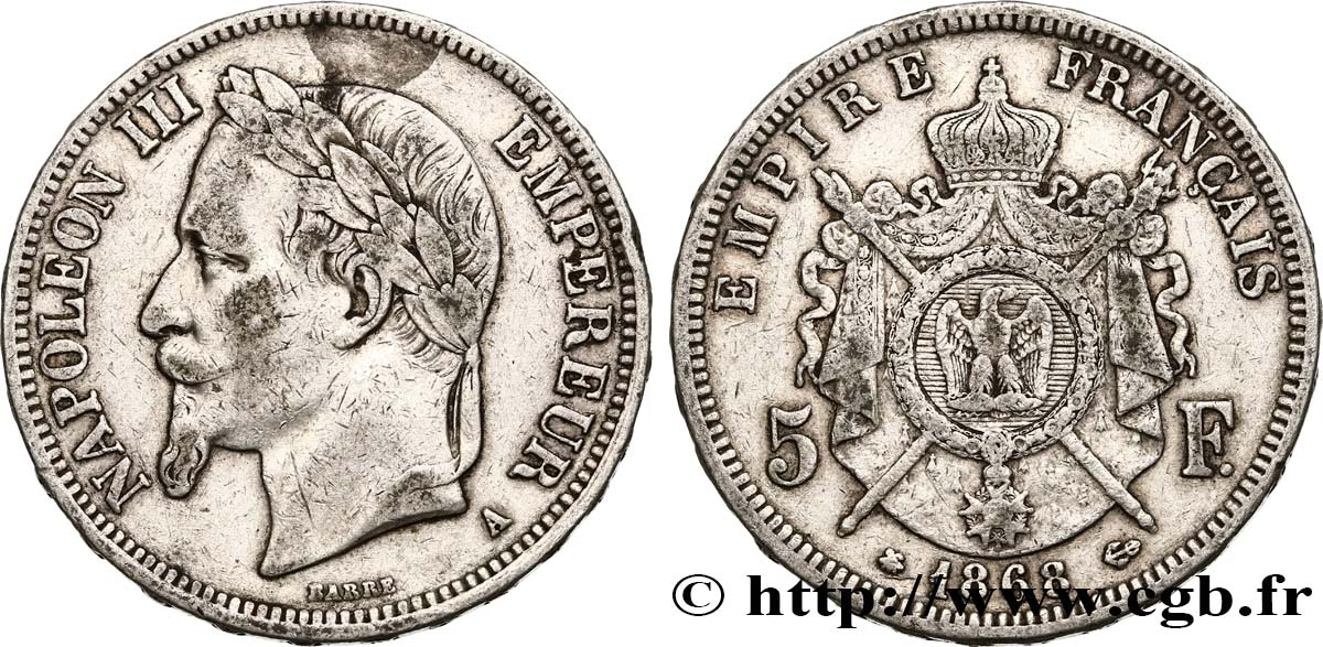 5 francs Napoléon III, tête laurée 1868 Paris F.331/12 VF30 