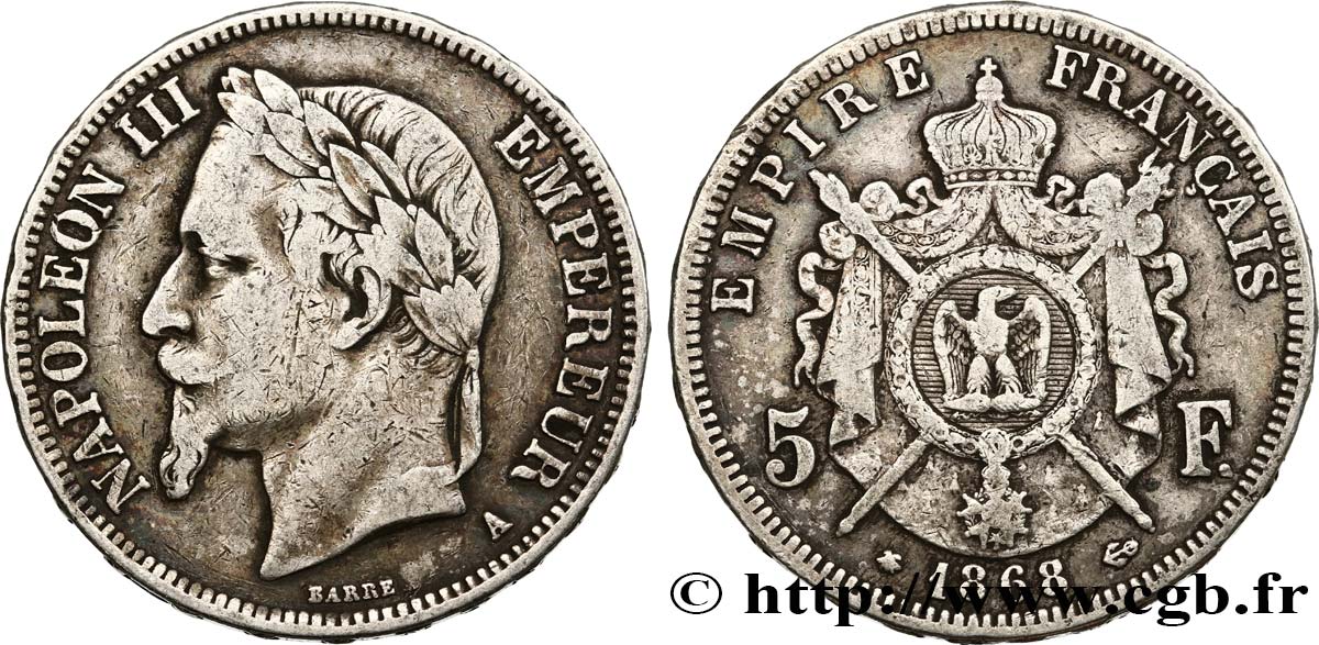 5 francs Napoléon III, tête laurée 1868 Paris F.331/12 TB 