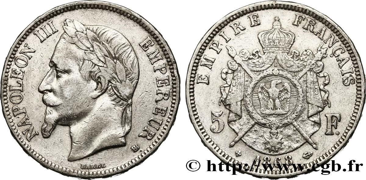 5 francs Napoléon III, tête laurée 1868 Strasbourg F.331/13 VF 