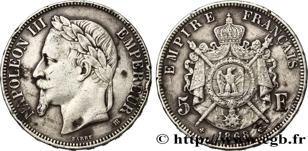 5 francs Napoléon III, tête laurée 1868 Strasbourg F.331/13 S 