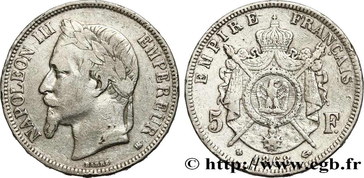 5 francs Napoléon III, tête laurée 1868 Strasbourg F.331/13 VF25 