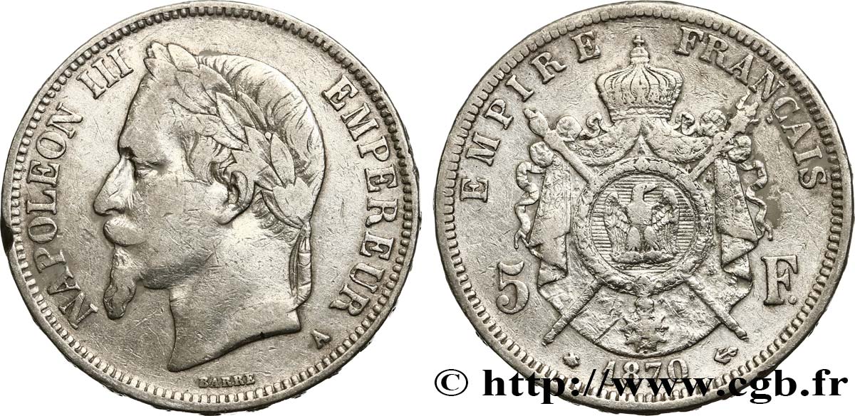 5 francs Napoléon III, tête laurée 1870 Paris F.331/16 VF 