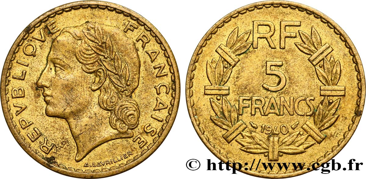 5 francs Lavrillier, bronze-aluminium 1940  F.337/4 AU52 