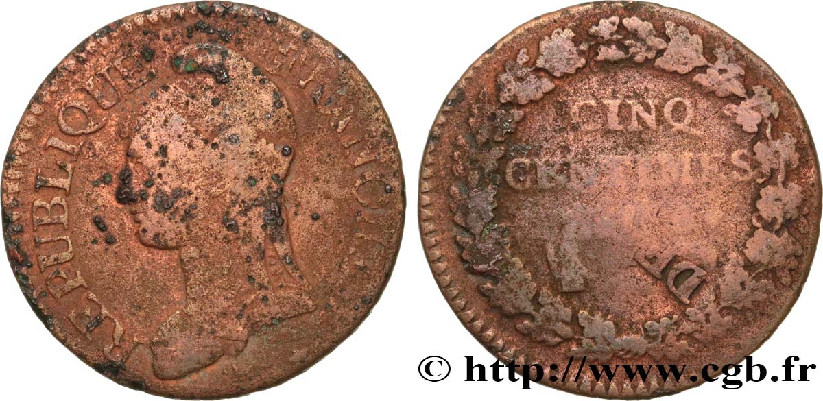 Cinq centimes Dupré, grand module,  refrappage  du décime n.d. s.l. F.114/- SGE 