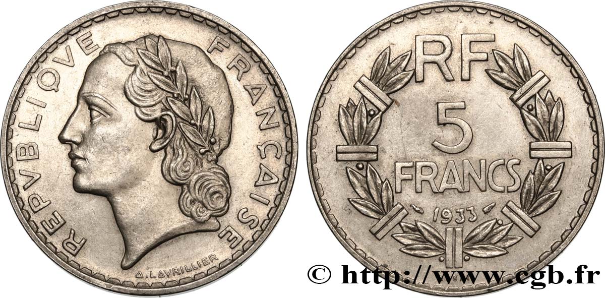 Essai de 5 francs Lavrillier, nickel 1933  F.336/1 SPL 