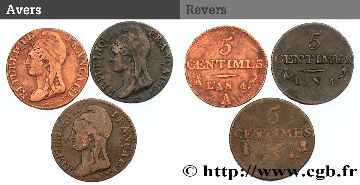 Lot de 3 pièces de 5 centimes Dupré n.d. Paris F.113/1 B/TTB 