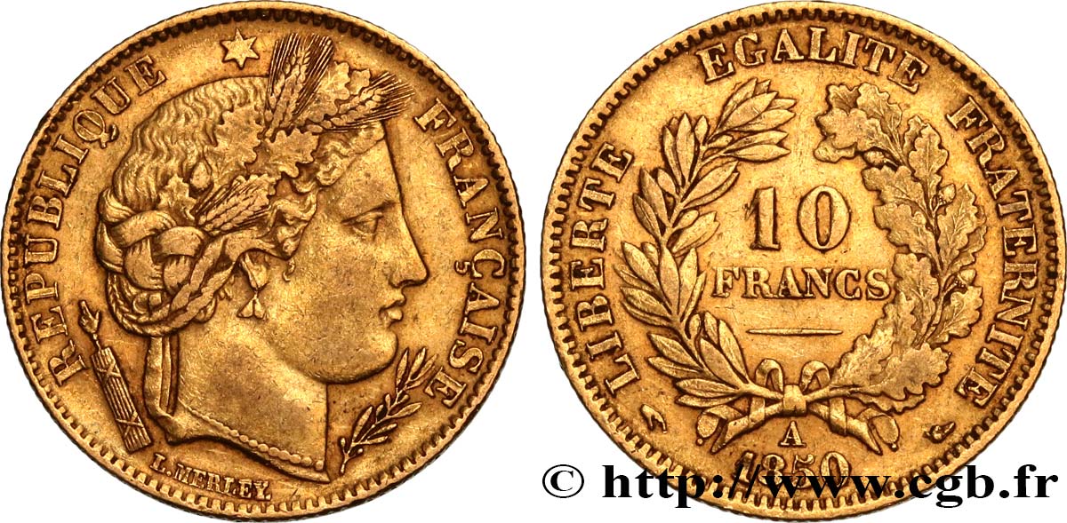 10 francs or Cérès, IIe République 1850 Paris F.504/1 XF45 