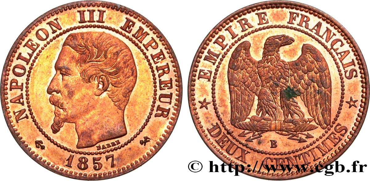 Deux centimes Napoléon III, tête nue 1857 Rouen F.107/45 SUP60 
